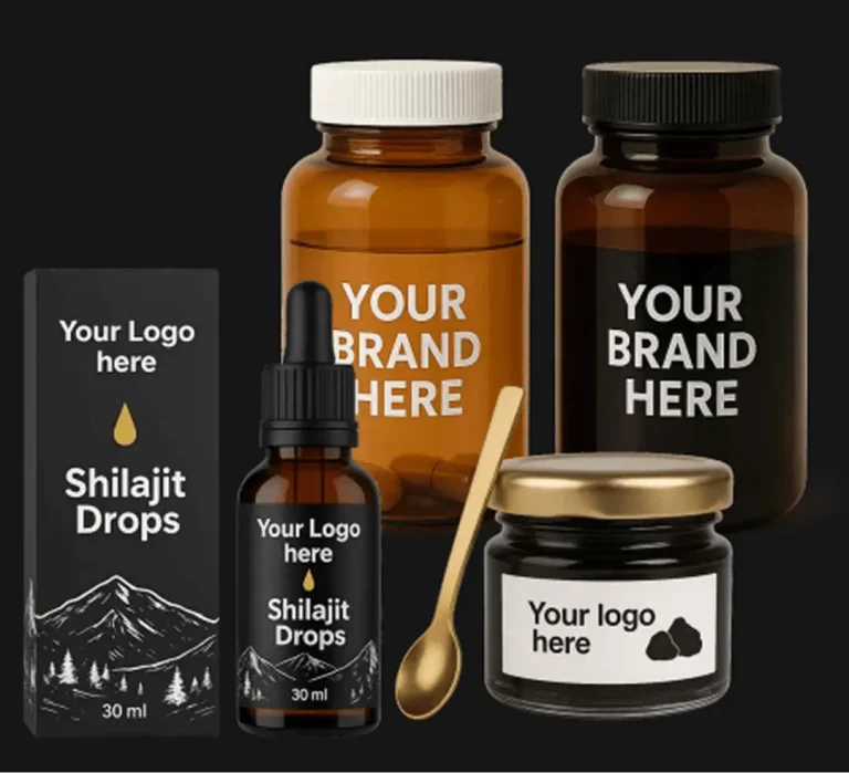 Illustration of product manufacturing services: branding, capsules, and supplement packaging